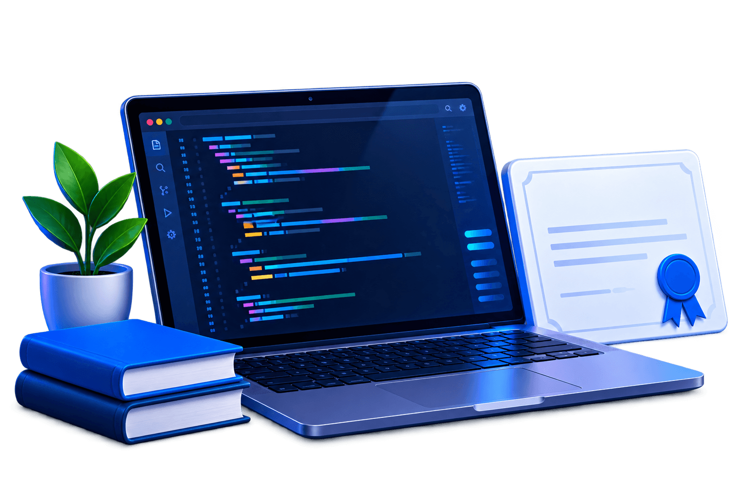 Laptop, learning certificate, books, and plant